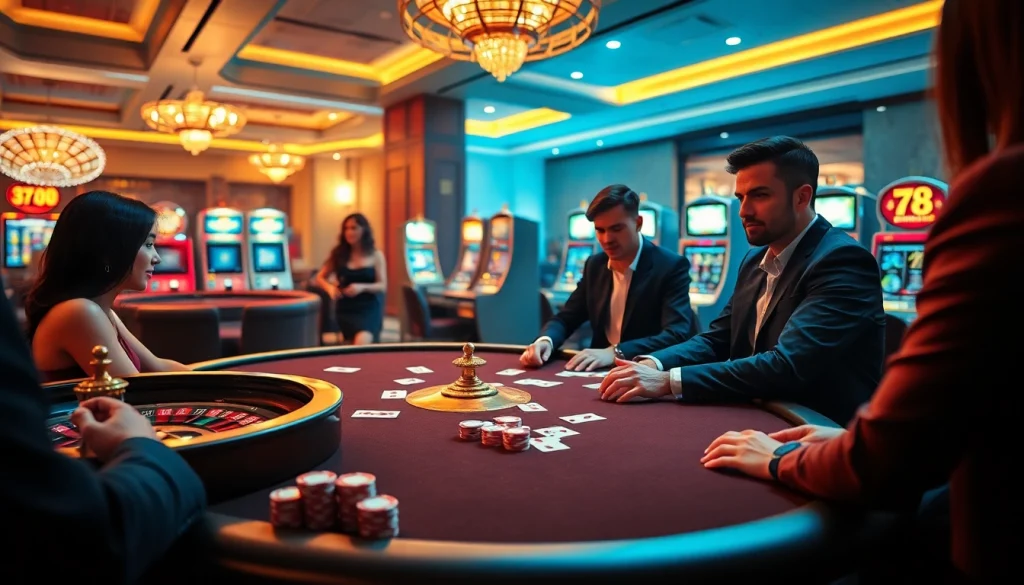 Engaged players at 78WIN casino table enjoying high-stakes games and slots.
