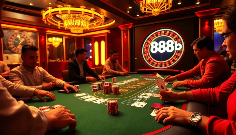 Exciting casino scene showcasing a luxurious blackjack table with the 888b logo and vibrant gaming atmosphere.