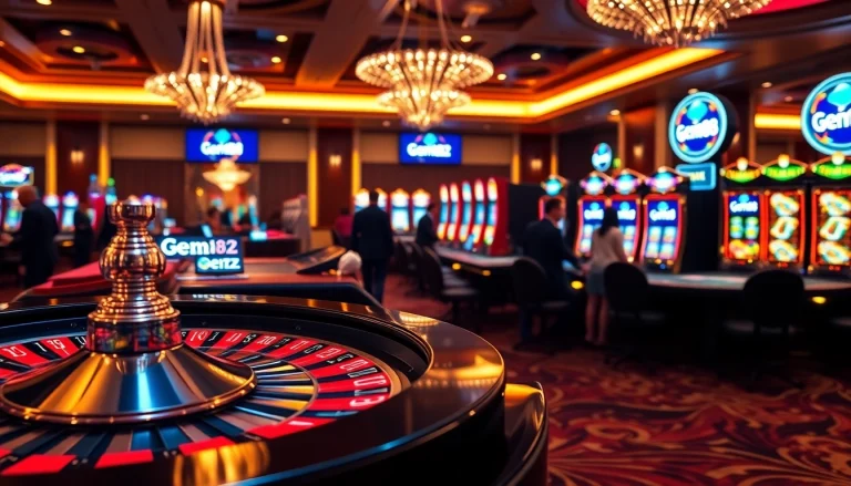Experience the excitement of gem88.buzz with players at an elegant casino table and vibrant gaming machines.