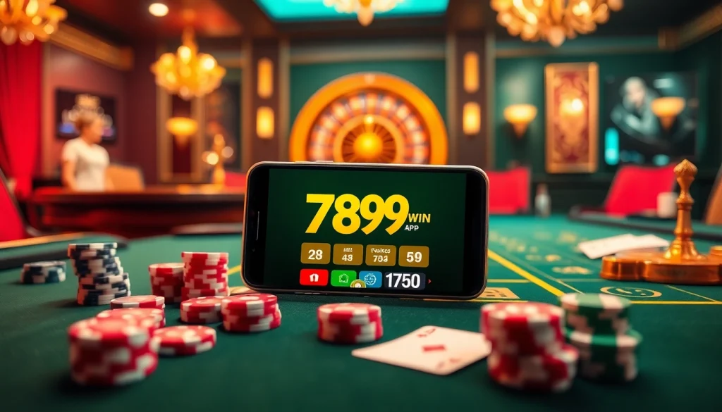 Experience the excitement of the 789win app with vibrant casino visuals showcasing poker chips and a roulette wheel.