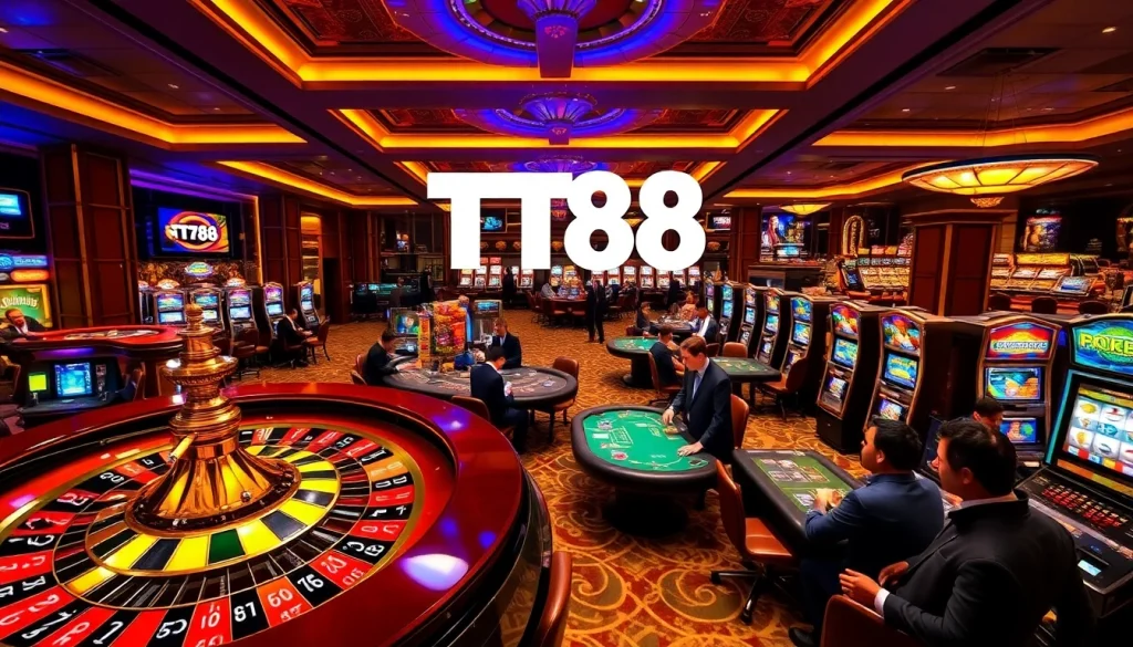 Engaged gamblers enjoying the thrill of TT88 casino, featuring roulette and poker games.