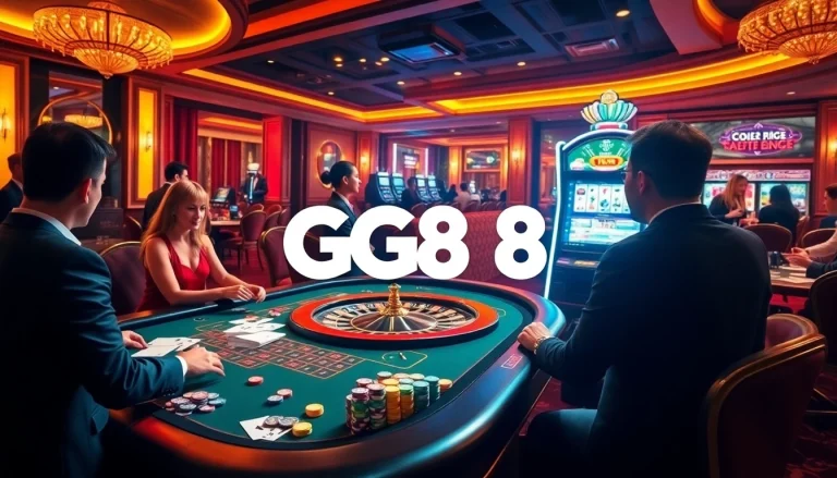 Casino scene with gamblers enjoying games at GG88, featuring vibrant tables and slot machines.