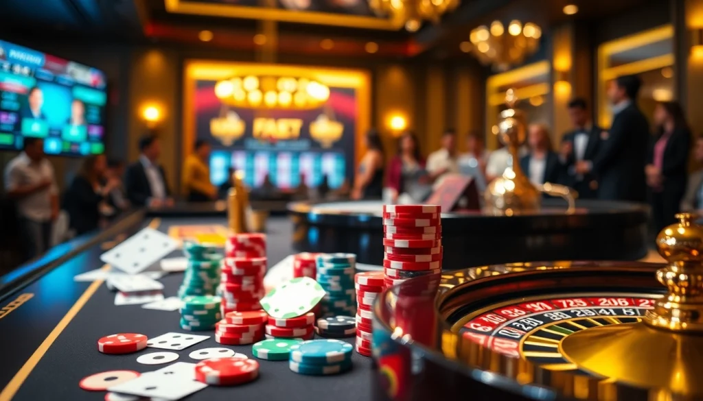 Exciting gambling scene at nhà cái F8BET with poker chips, dice, and a roulette wheel.