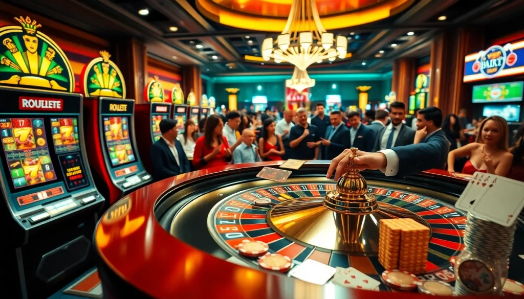 Engaging scene of players at Slot Online Terpercaya enjoying a roulette game with vibrant casino elements.