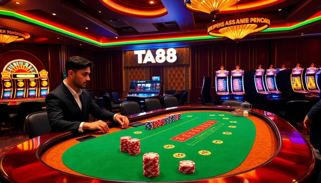 Players at the TA88 casino eagerly stake their bets at the blackjack table while surrounded by vibrant slot machines.