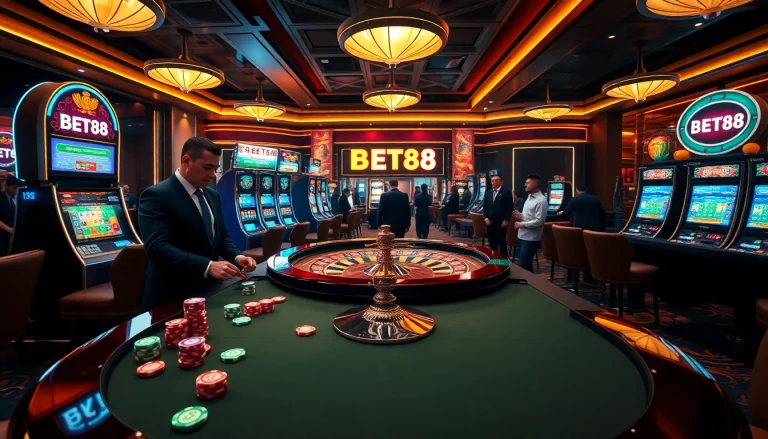 Experience the thrill of BET88 gaming with vibrant casino visuals showcasing roulette and poker excitement.