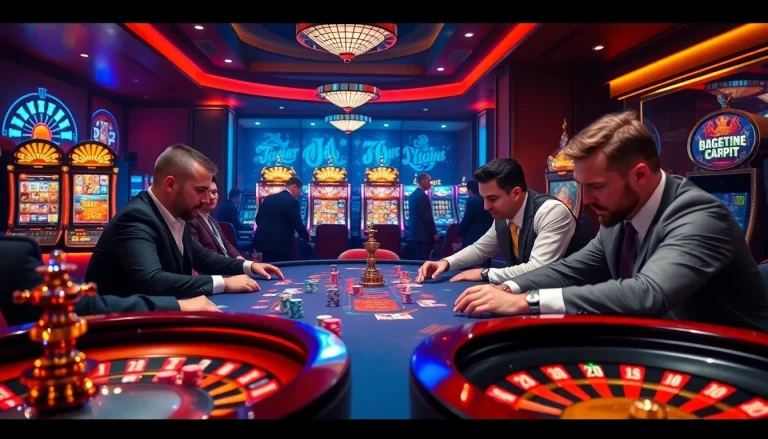 Intense players engage in a high-stakes zbet game with colorful chips at a vibrant casino table.