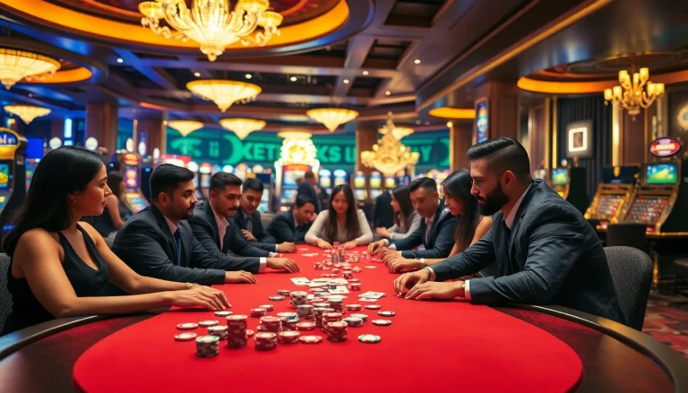 Players engaging in high-stakes poker at a QQ88 casino table, surrounded by vibrant slot machines.