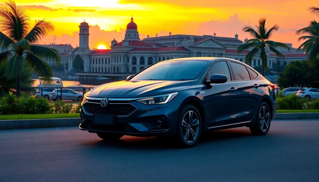 Kuching rent car parked by the waterfront during sunset, highlighting adventure and convenience.