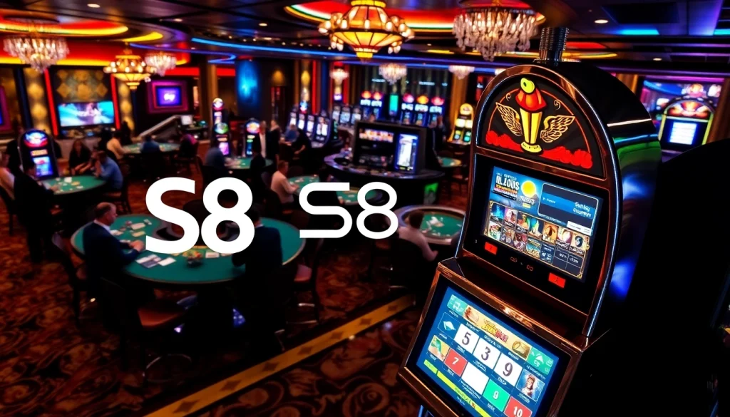 Players enjoying high stakes at S8 casino tables amidst a luxurious atmosphere.