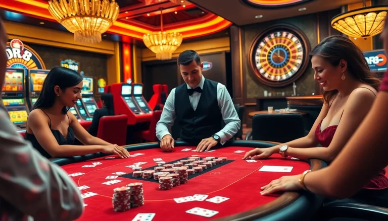 DR88 gaming table filled with poker chips and cards in an elegant casino scene.