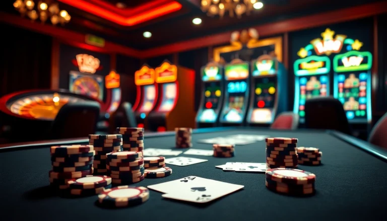 Experience the thrill of the casino with แบรนด์ F168 showcasing poker chips and slot machines in a luxurious setting.