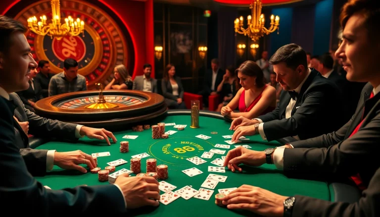 Experience high-stakes gaming at MB66 with vibrant poker tables and luxurious ambiance.