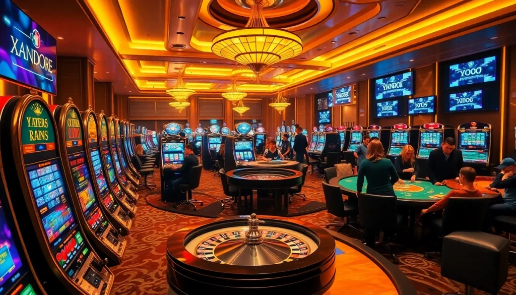 Slot machines and gaming tables in a vibrant casino scene related to uk88 bị sập, capturing excitement and tension.