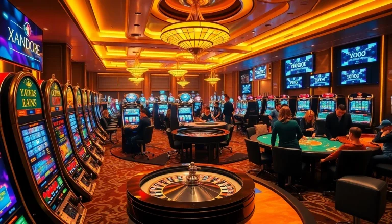 Slot machines and gaming tables in a vibrant casino scene related to uk88 bị sập, capturing excitement and tension.
