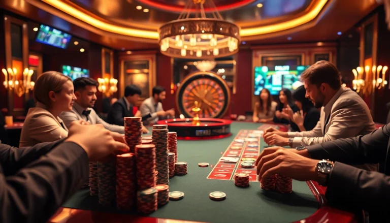 Exciting casino scene with players gambling at a table, emphasizing nhà cái go8 online excitement.