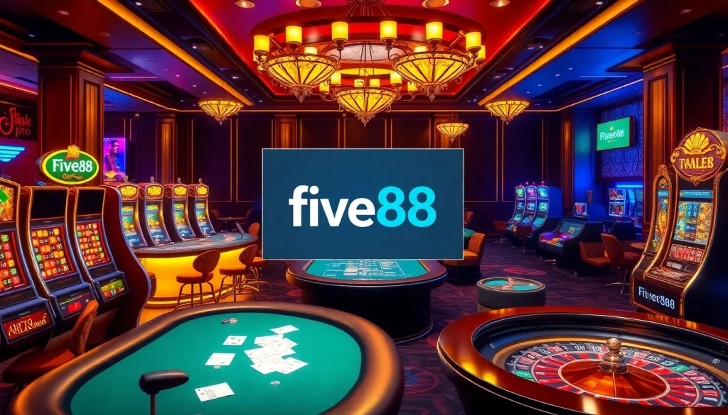 Join the excitement at five88 with vibrant casino games featuring roulette wheels and poker tables.