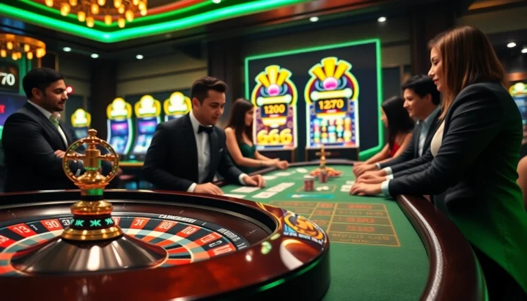 A lively gambling scene showcasing five88v.net's luxury casino experience with roulette wheel and poker action.
