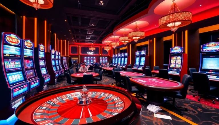 Exciting gambling scene at https://thabet.vegas/ with roulette, poker tables, and vibrant slot machines.