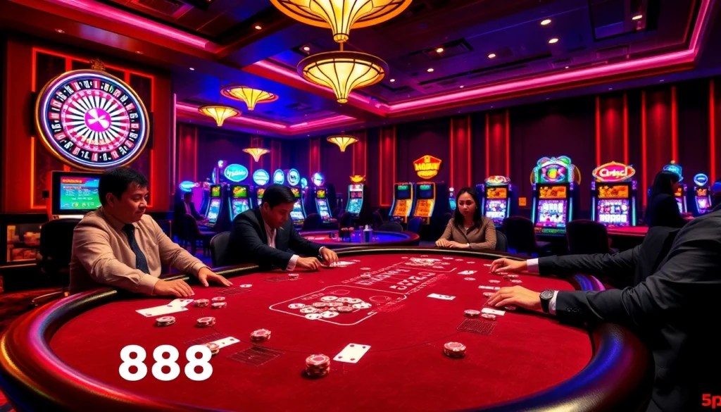 Intense poker game at Nhà Cái BJ888 casino with professional gamblers and vibrant atmosphere.