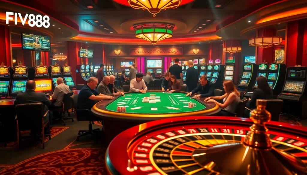 Experience the thrill of FIVE88 with dynamic gaming action at poker tables and illuminated slot machines.