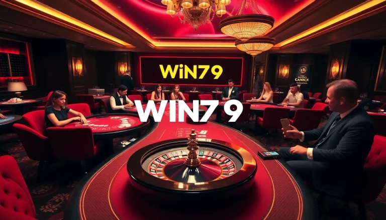 Players engaged in a lively casino atmosphere at Win79 with cards and roulette, enjoying thrilling games.