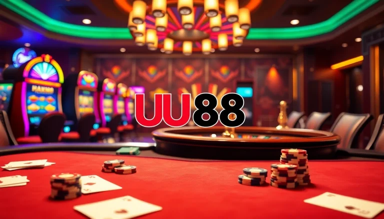 UU88 casino scene showcasing a poker table, slot machines, and roulette wheel in a luxurious setting.