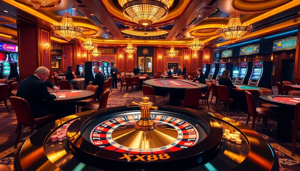 Experience the thrill of gambling at XX88 with a vibrant casino scene featuring roulette and poker.