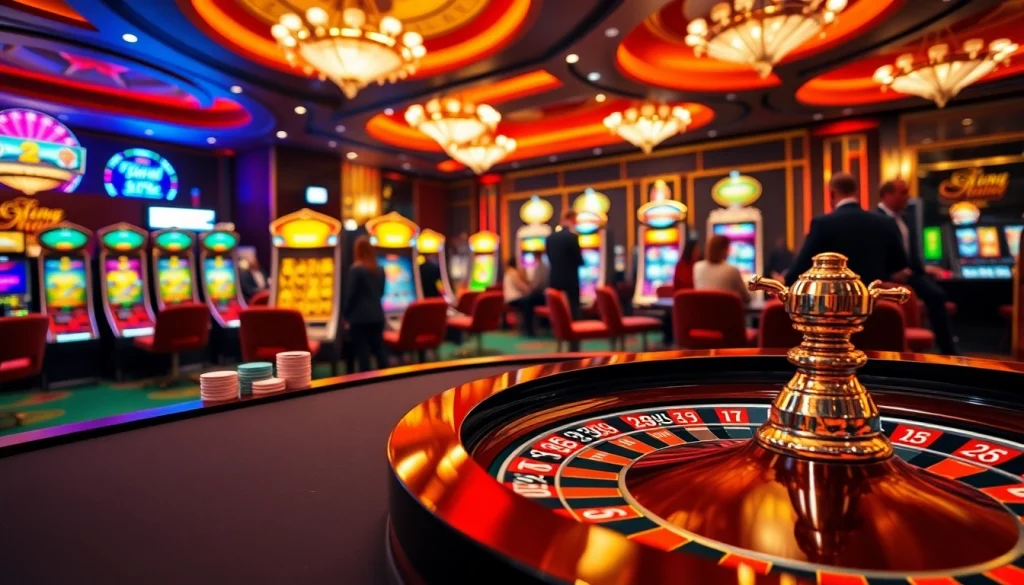 Experience the thrill of winning at https://king88b.us.com/ with a vibrant casino scene featuring roulette and slot machines.