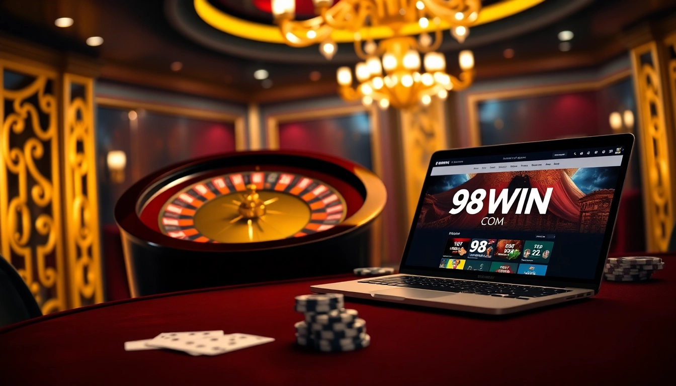 Engaging online gaming scene showcasing 98win com casino atmosphere with roulette and poker elements.
