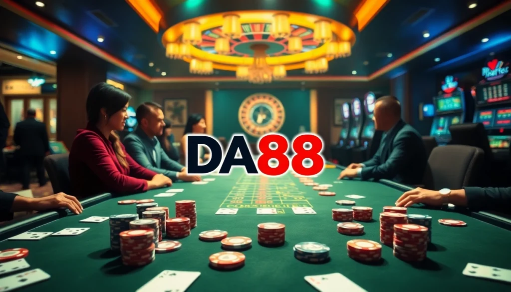 Players enjoying poker at DA88 casino with chips and cards in a vibrant setting.