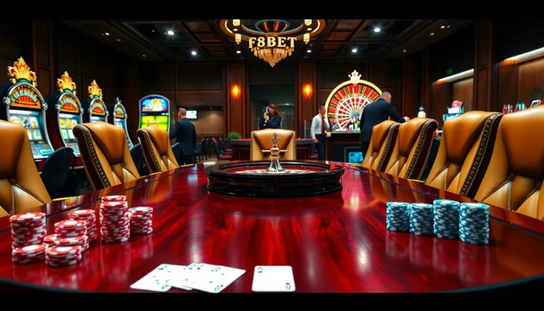 Exciting casino scene with players engaged at F8bet gaming table and vibrant poker chips.