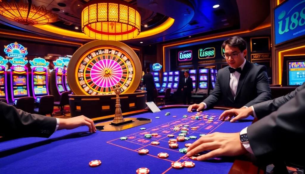 Experience the thrilling action at U888 casino with vibrant games, chips, and roulette.