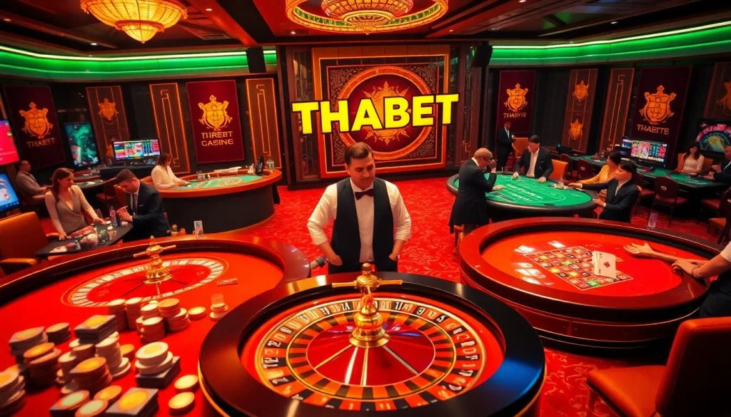 Engaged players enjoying their experience at THABET casino with poker chips and tables.