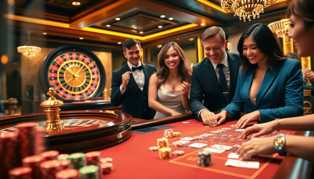 Gamblers engage at a dynamic MM88 casino table, where excitement and luxury meet in gaming.