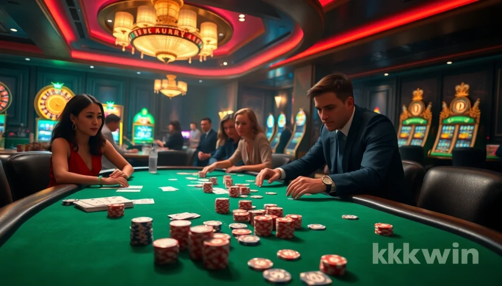 Intense poker game atmosphere at Kkwin casino with chips and cards on the table.