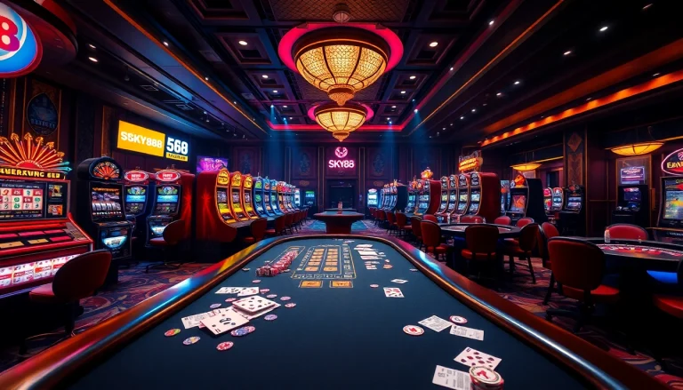 SKY88 Casino offers thrilling gaming experiences with lively poker tables and vibrant slot machines.