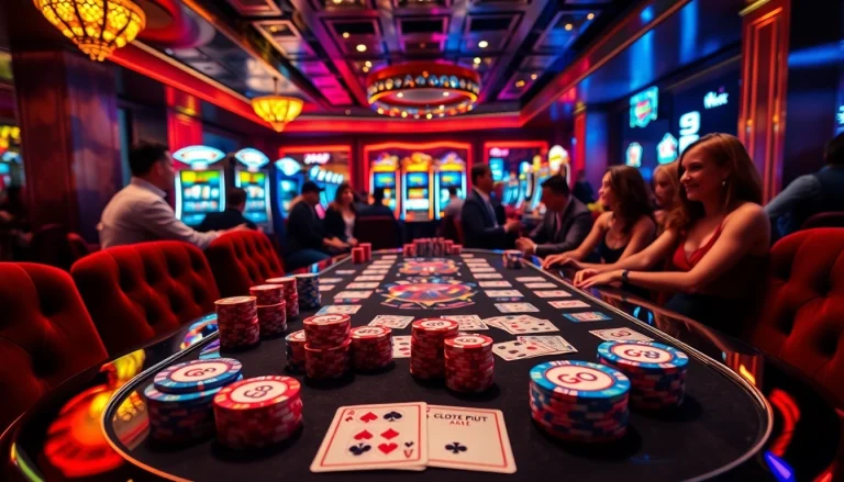 Players engaging in a thrilling GO8-themed casino game surrounded by vibrant lights and chips.