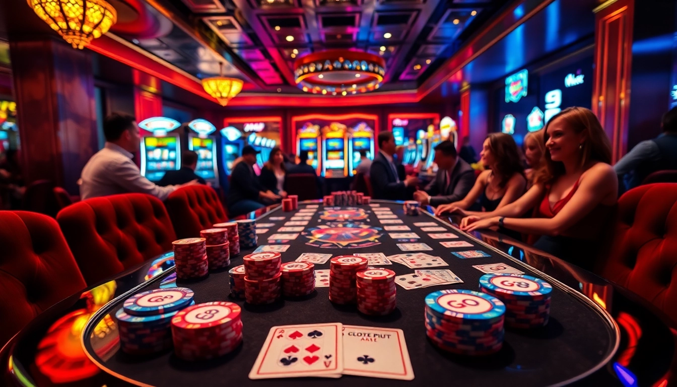 Players engaging in a thrilling GO8-themed casino game surrounded by vibrant lights and chips.