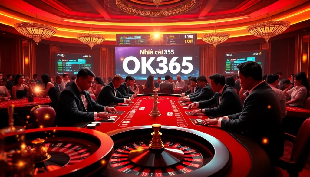 Exciting scene of gambling activity at Nhà cái OK365, showcasing poker chips and players at a luxurious casino table.