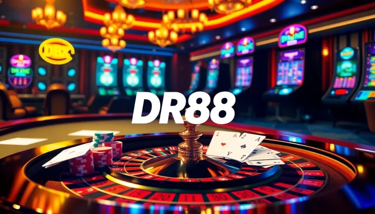 Experience high-stakes gaming with DR88 at a luxurious casino, featuring a vibrant roulette wheel and poker chips.