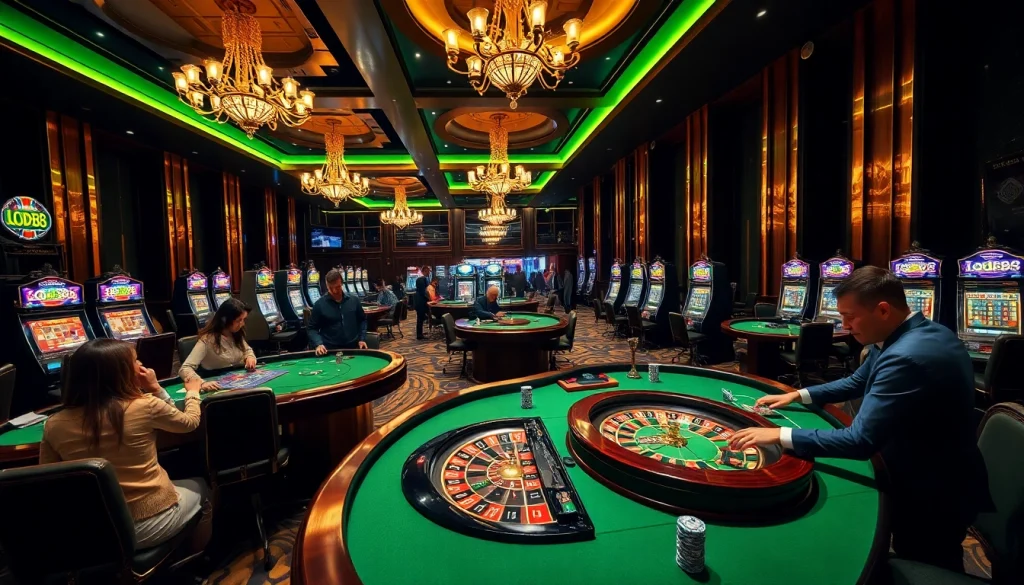 Exciting lode88 gaming scene with players engaged in high-stakes gambling at luxurious casino tables.