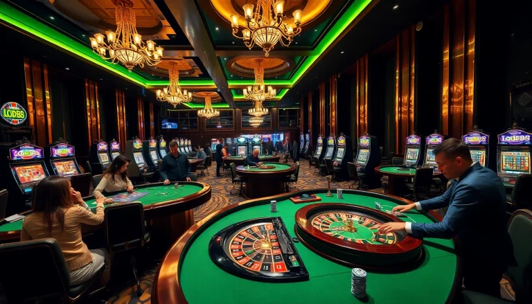 Exciting lode88 gaming scene with players engaged in high-stakes gambling at luxurious casino tables.