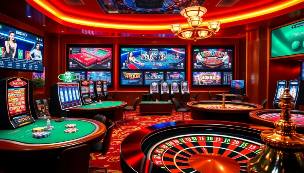 EV88 online casino interface with poker tables and slot machines showcasing thrilling gameplay.