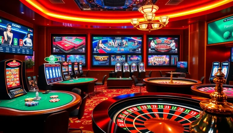 EV88 online casino interface with poker tables and slot machines showcasing thrilling gameplay.