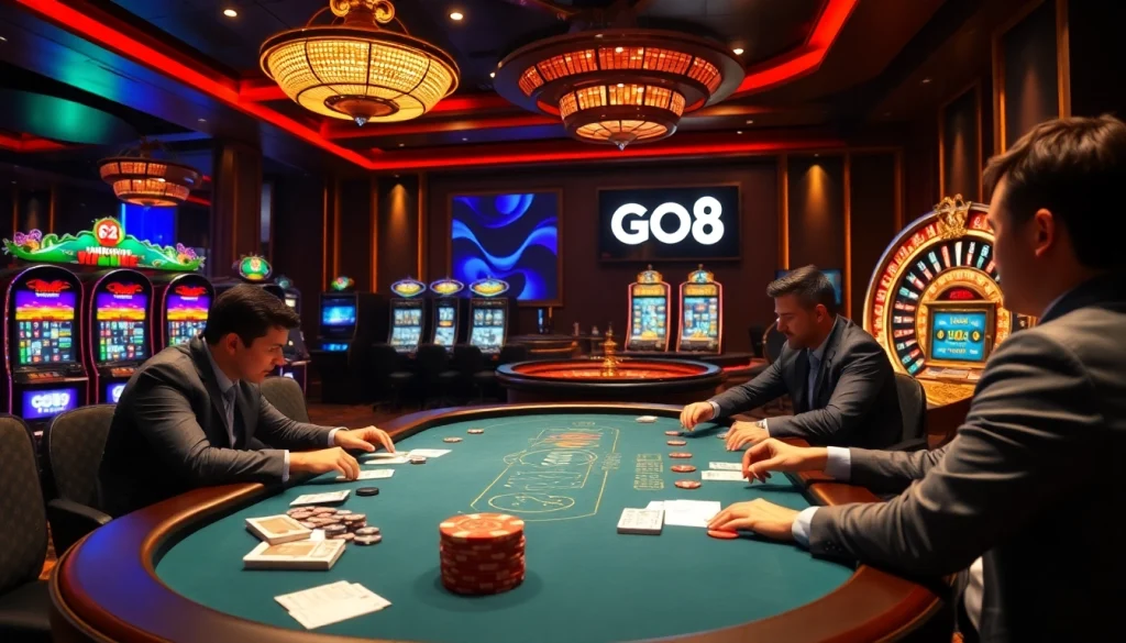 Players strategizing their moves at a thrilling GO8 poker table in a luxurious casino setting.