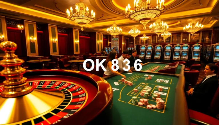 Engaged gamblers enjoying high-stakes action at a luxurious casino featuring OK8386.