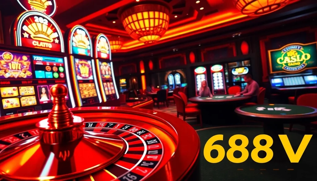 Experience the excitement at 688V with vibrant slot machines and a lively blackjack table.