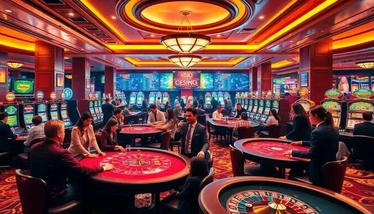 Exciting casino gaming scene at https://f168.studio/ showcasing players at tables and vibrant slot machines.