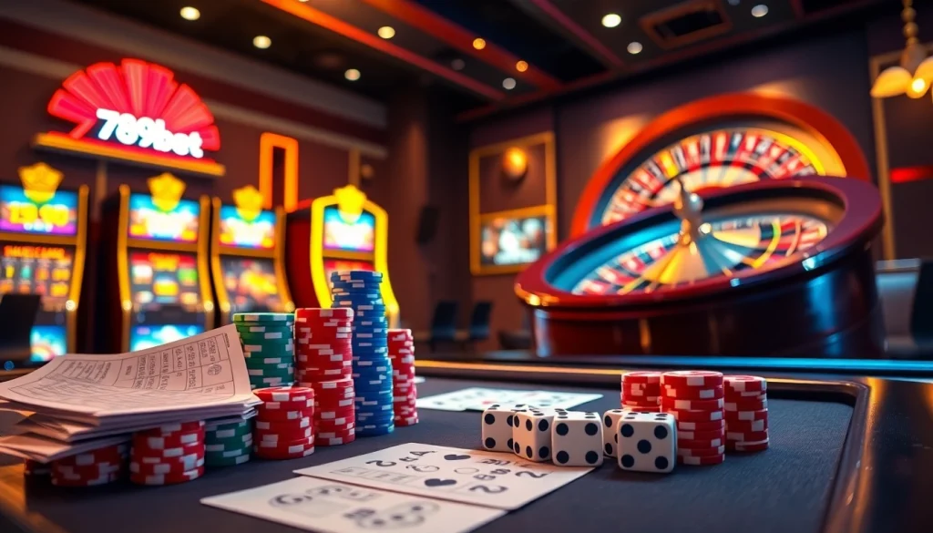 Experience the thrill of betting at 789bet with a luxurious casino setup featuring poker chips and roulette.